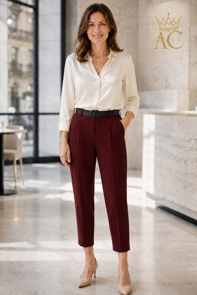 Broek Pieternel nm25 ingeweven jacquard mom's-fit 2 springplooien knieneep ecolederen riem