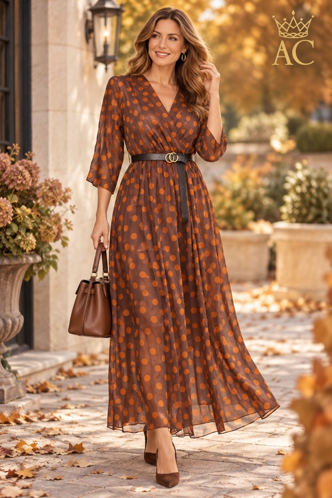 Robe Therese nm85 à pois, encolure en V croisée, manches mi-longues, doublée, avec ceinture en cuir écologique