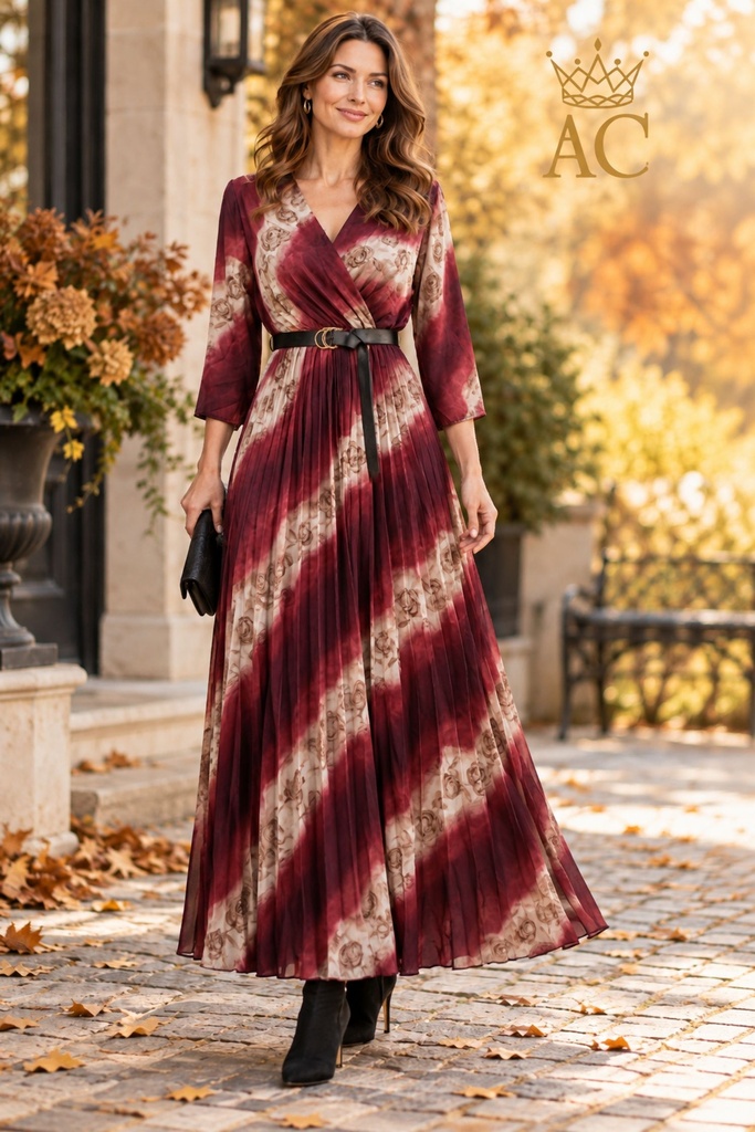 Tonia Dress with Blurred Rose Stripes, Tie-Dye Pleated Bell-Shaped Skirt, and Crossed V-Neck Eco-Leather Belt