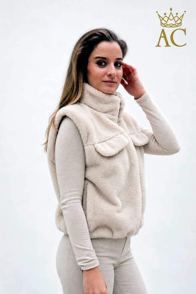 Mouwloze jacket Veron eco pels ritssluiting sierkleppen mouwloos
