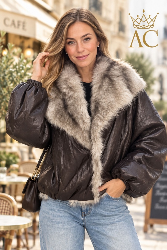 Pella Reversible Eco-Leather Bomber Jacket with Wolf Fur, Puffed Sleeves, Flared Waist, and Shawl Collar