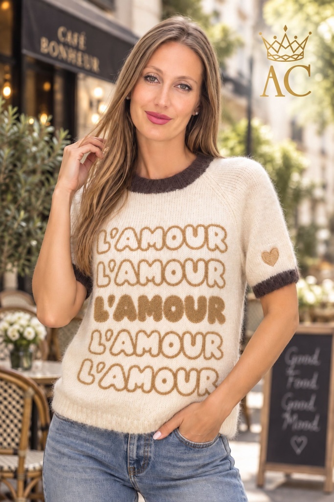 Pull Petri nm8, emmanchures à l'américaine, bicolore, avec inscription brodée « l'amour »