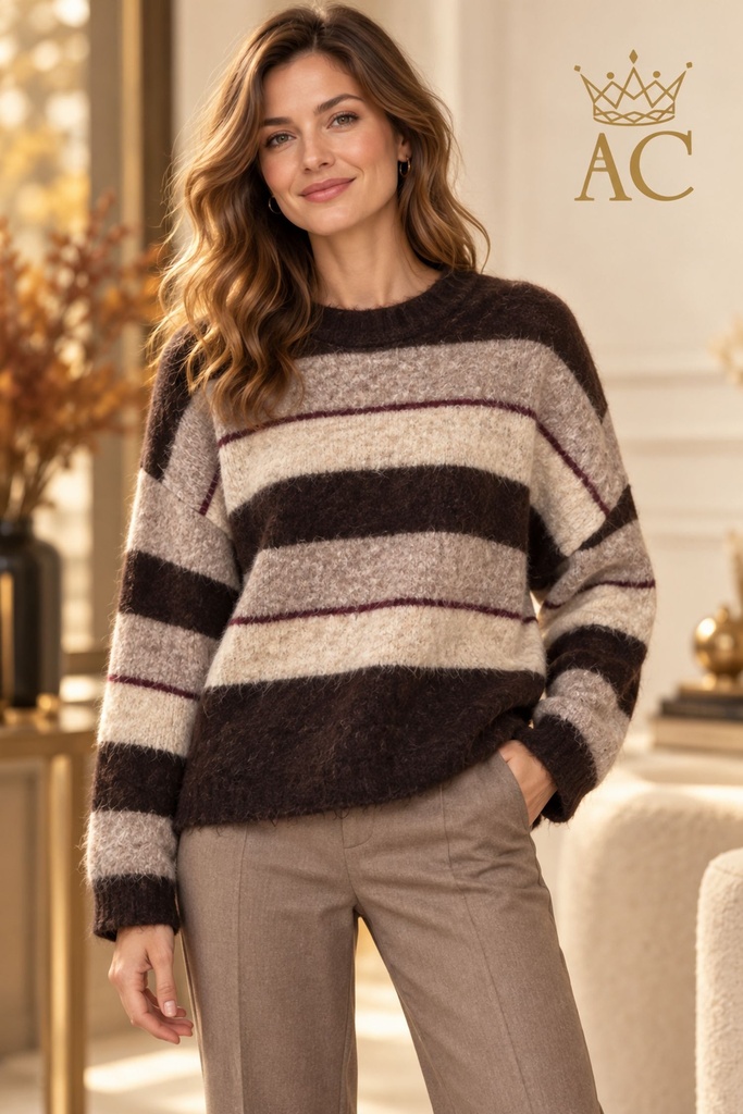 Pull Safwan en laine NM5, rayé, duveteux, col rond