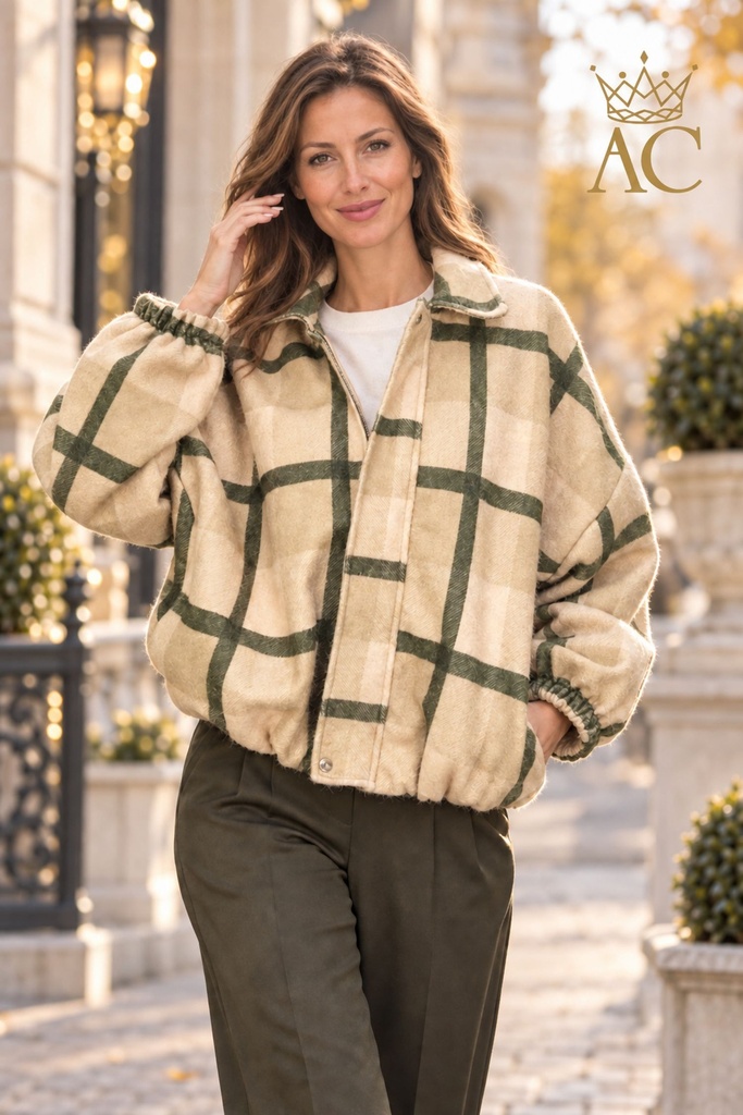 Jacket Sinne schotse ruit gevoerd gepofte zoom en manchet rits en puntige kraag