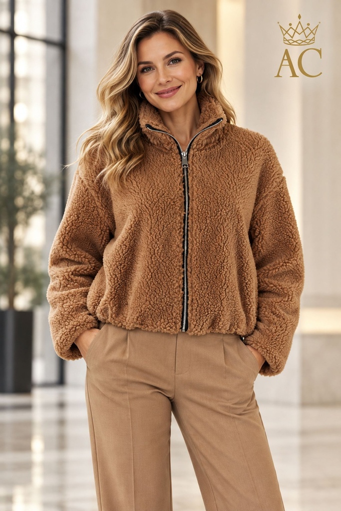 Violette Teddy Jacket, Solid Color, Zipper, Collar