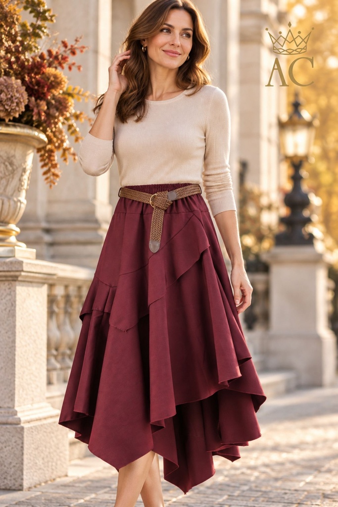 Jupe Sude à volants en diagonale, coupe cloche, en gabardine, avec ceinture en simili-cuir