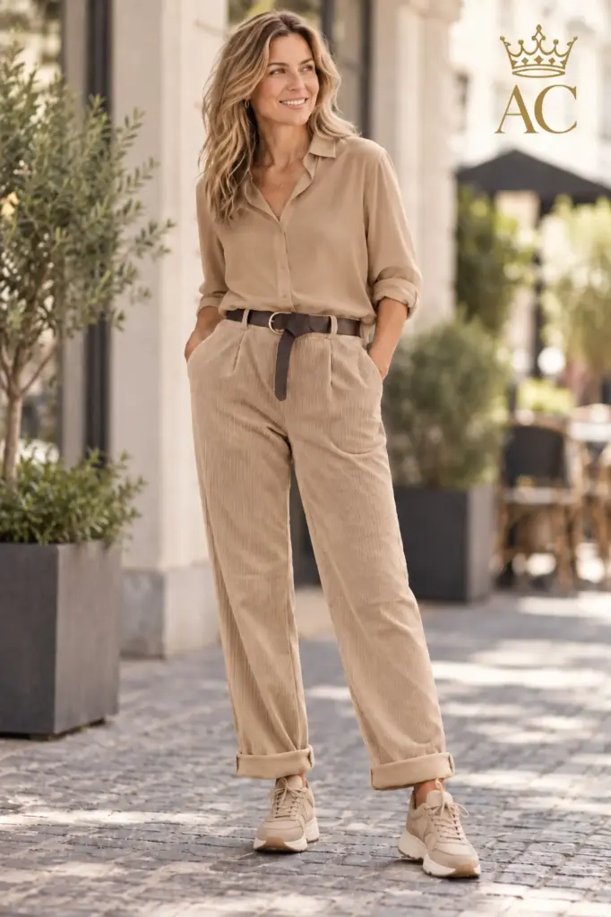 Mams-fit geribde velours broek schuine zak en riem