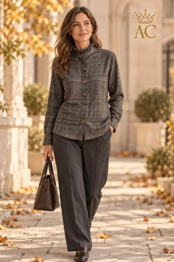 Tijani Blouse nm18 Prince de Galle with wooden buttons and a stand-up pleated collar