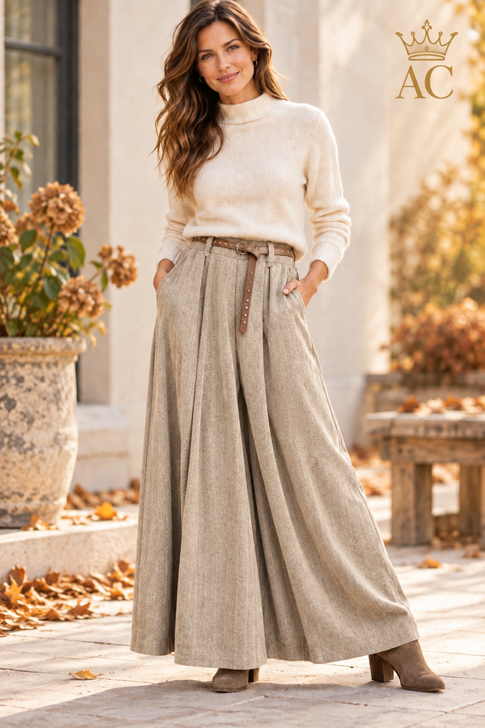 Timmy Flared Pants, Herringbone Pattern, 2 Pleats, Side Pockets, Eco-Leather Belt with Studs