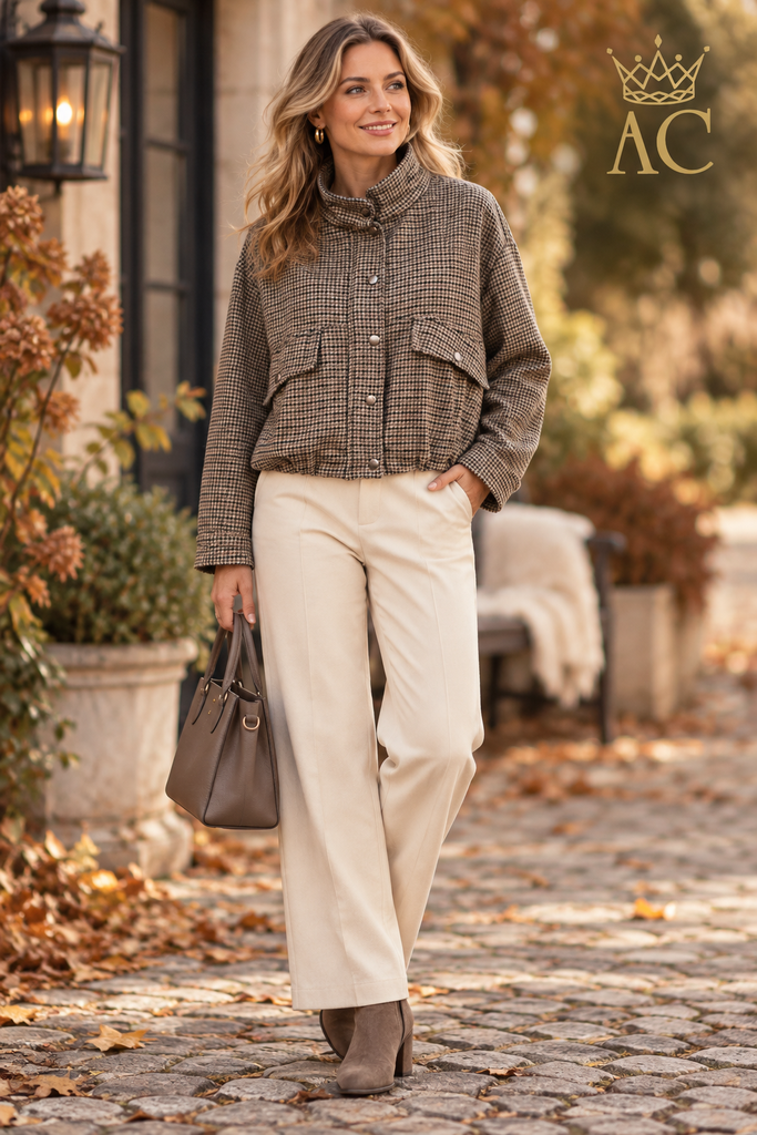 Tjez Blouson: madras print, puffed hem, slanted side pockets, decorative flap, stand-up collar, zipper, lined