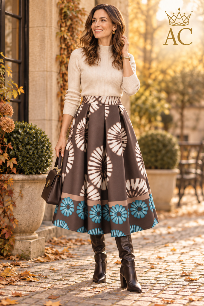 Tibe Skirt, Slit-Front Fruit Print Diving Fabric, Bell-Shaped Skirt with 3 Spring Pleats