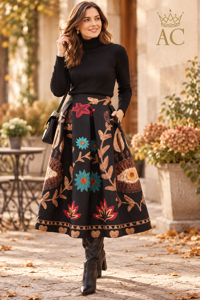 Skirt: Tjez Peruvian Knit Floral Bell-Shaped Skirt with 3 Pleats