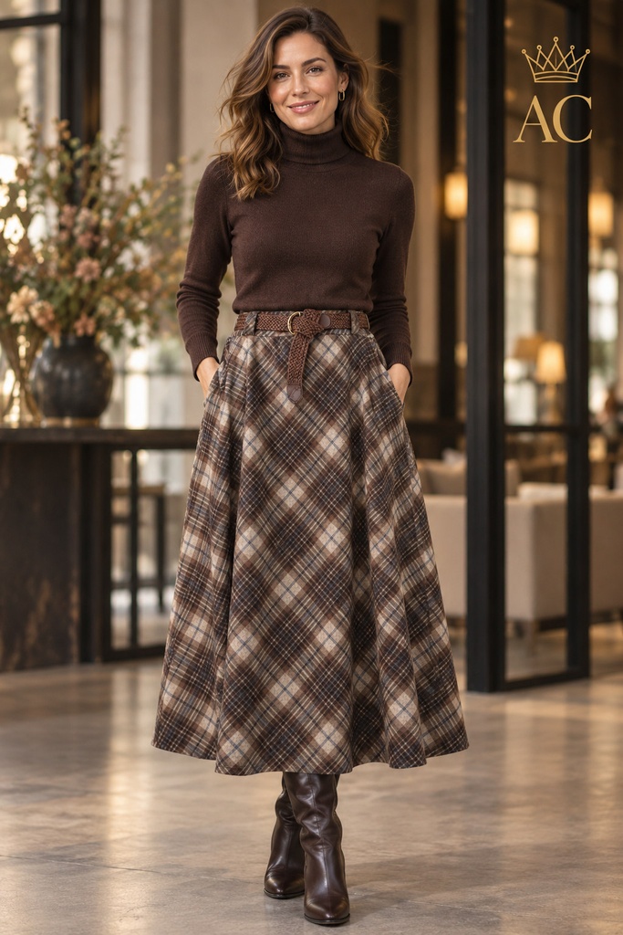 Klokrok Pimme nm35 klokrok flanel schotse ruit jacquard gevlochten riem schuine steekzakken