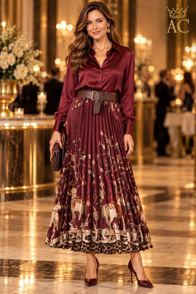Pandora Pleated Skirt with Horse Print and Eco-Leather Belt