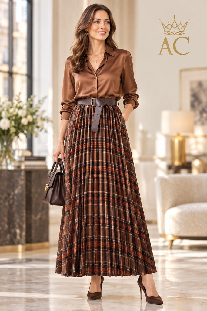 Parmida Pleated Skirt with Tartan Pattern and Eco-Leather Belt