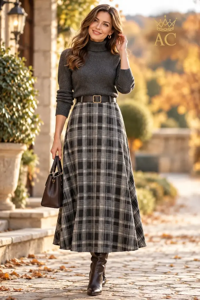 Rok Tonia nm10 flannel ingeweven grote schotse ruit A-lijn hoge taille ecoleren riem