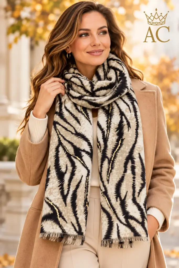 Tessy Scarf, NM100, Tiger Print with Gold Accents