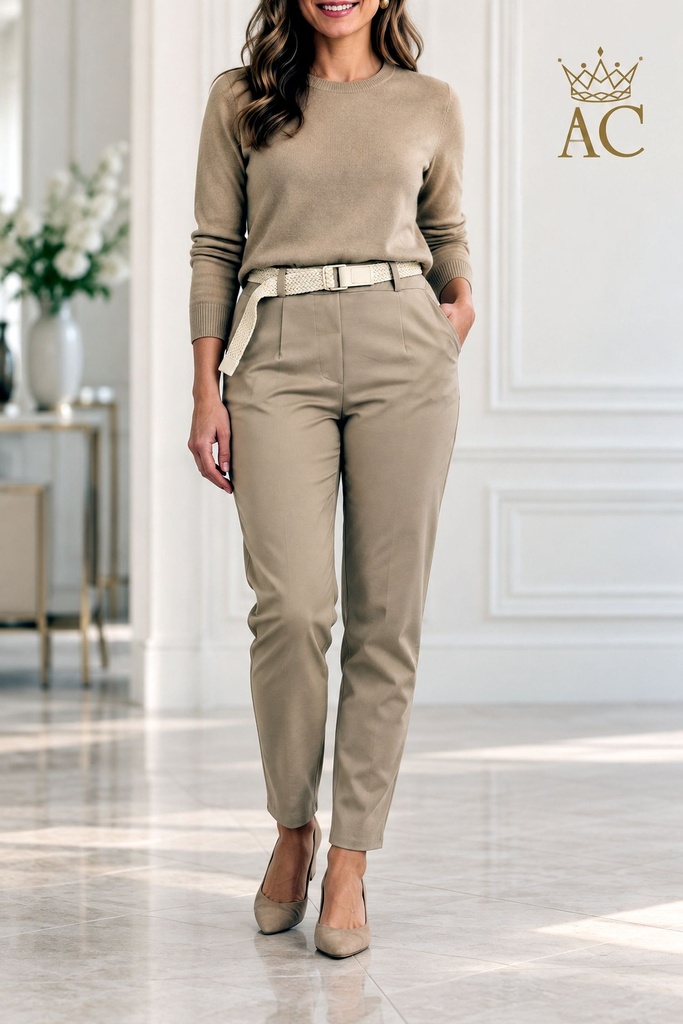 Pantalon Vingino nm66 en bengaline stretch, coupe « mom's fit », poches en biais, ceinture tressée en cuir écologique 