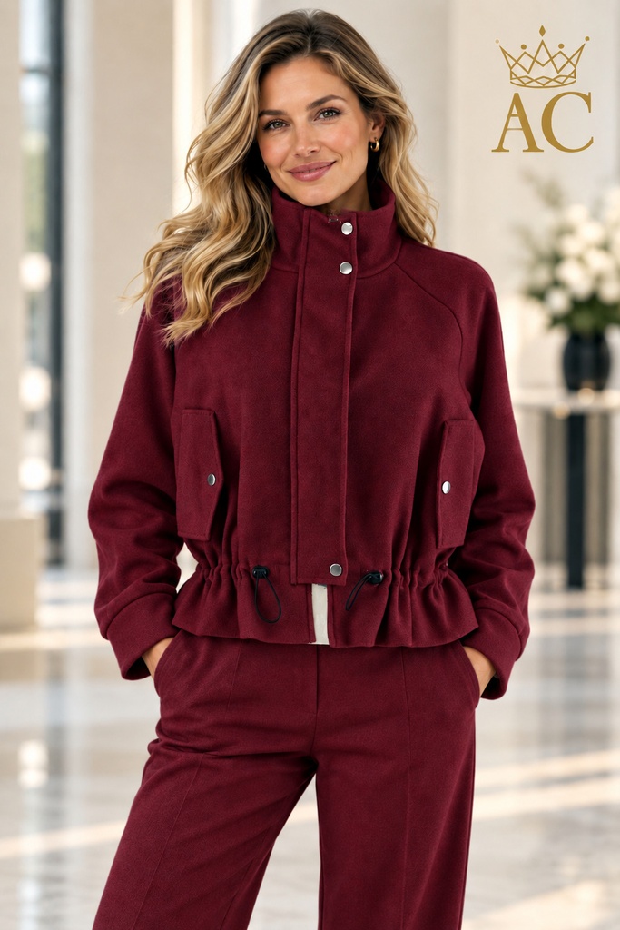 Jacket Victory nm12 lodenstof taille rijglint en volant opstaande kraag rits en drukknopen