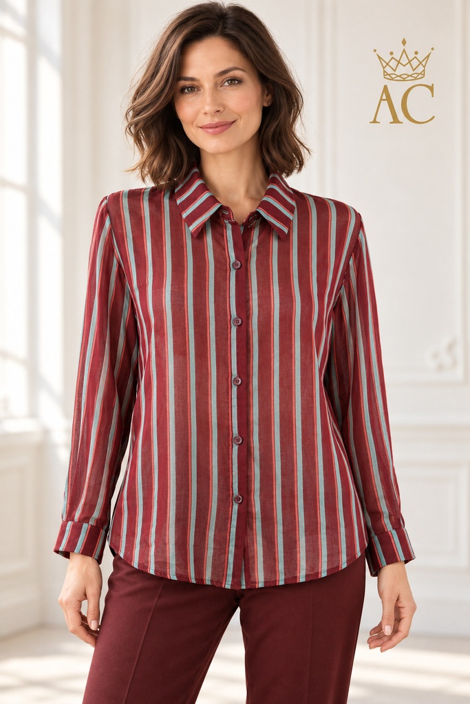 Blouse Verne nm100 gelijnd 3-color wol viscose kraag nacré doorgeknoopt