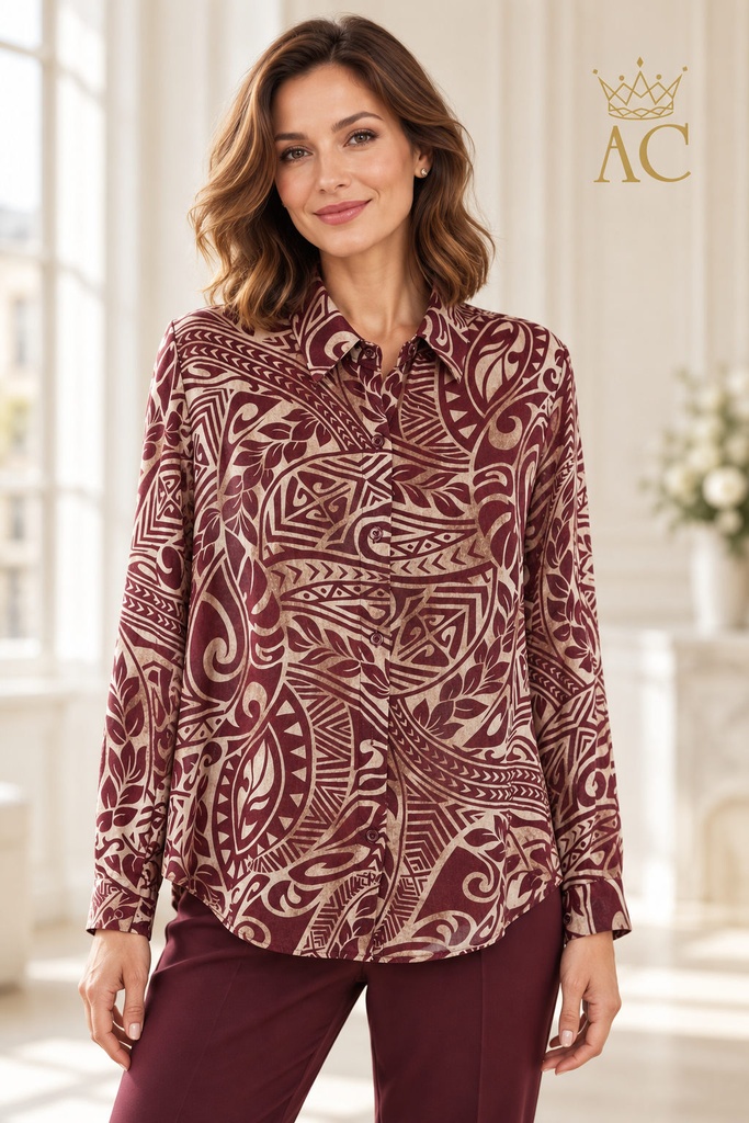 Blouse Verron nm100 grote bladmotieven sierlijke krullen en geometrische accenten kraag doorgeknoopt
