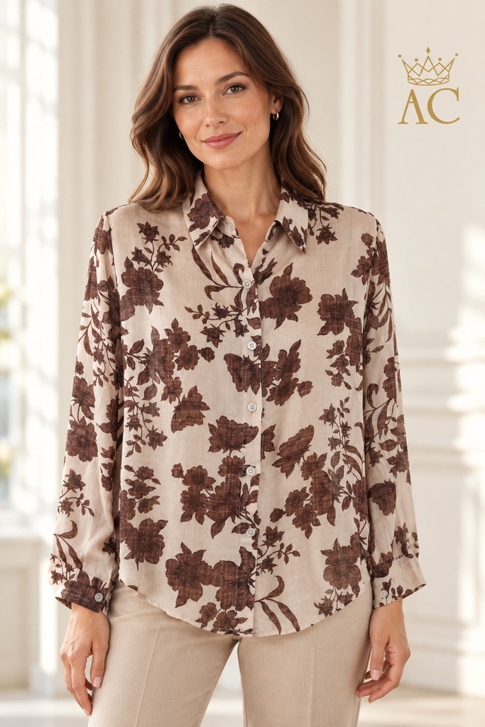 Vivi nm100 bloemenprint wol viscose kraag nacré doorgeknoopt