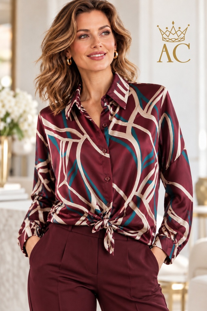Blouse Philipine aux lignes courbes, avec des boutons nacrés cousus et un col de chemise, bouton à la taille
