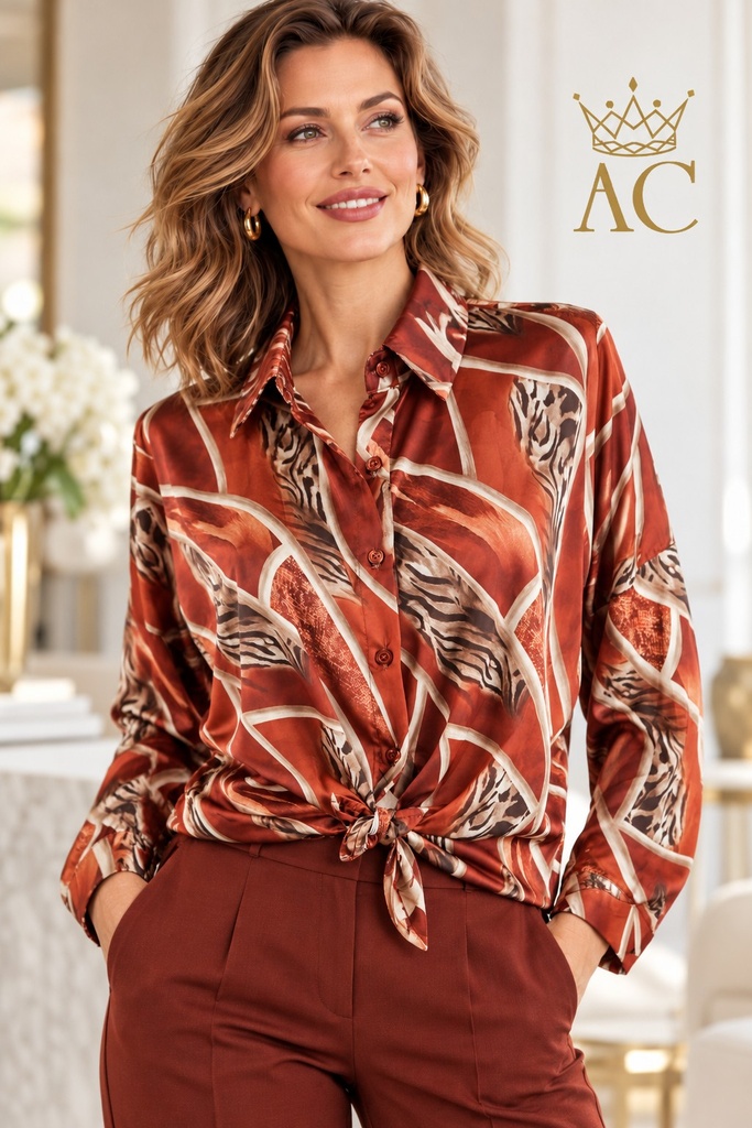 Perez Blouse with Curved Lines, Tiger Patch, Mother-of-Pearl Buttons, Blouse Collar, and Waist Button