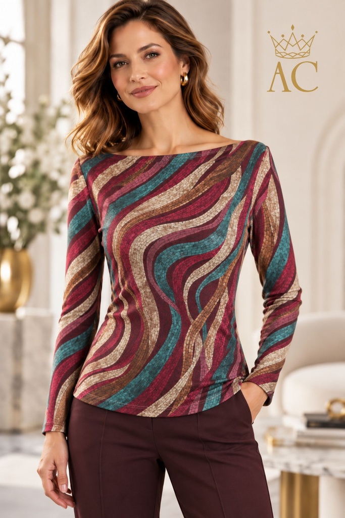 Petru T-shirt with boat neck and abstract mosaic print featuring a wave motif