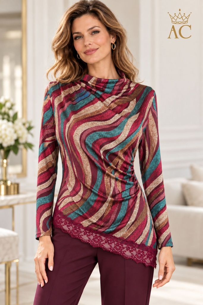 T-shirt Set: asymmetrical drape, left-side waist, slightly stand-up collar, lace hem, mosaic pattern