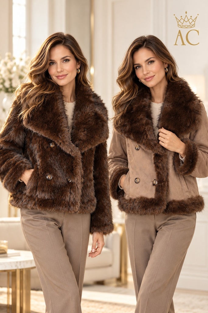 Veste Phillon en fausse fourrure/faux daim, réversible, 4 boutons, grand col à revers