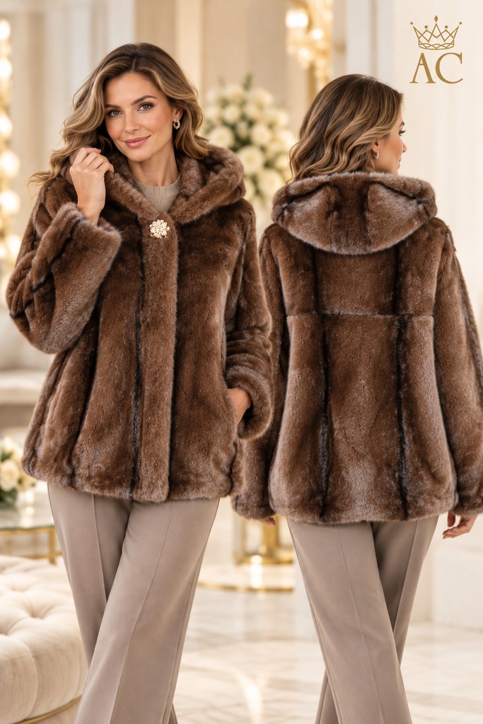 Piera Eco Bear Fur Coat with Hood, Brooch, and Snap Buttons