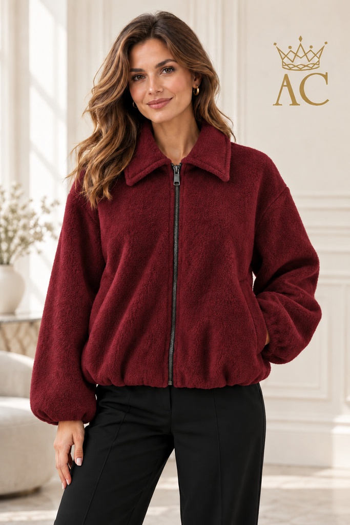 Jacket Sadie gepofte zoom en manchet zachte teddy kraag rits insteekzakken