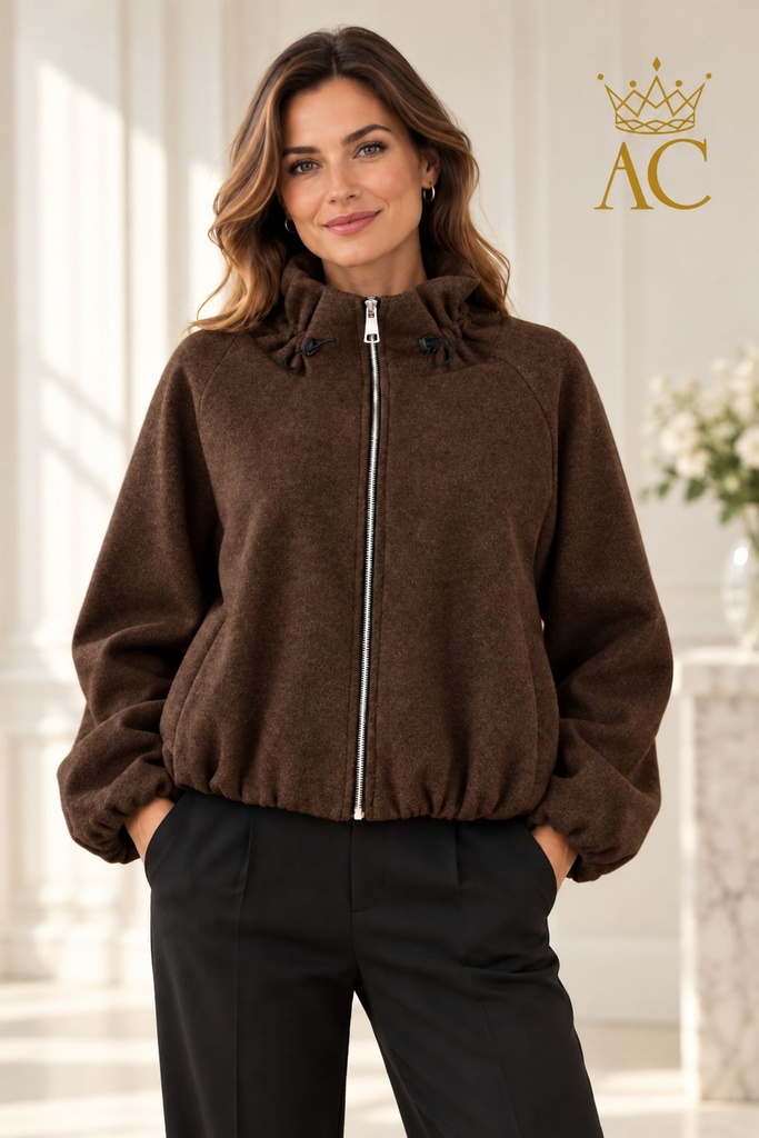 Sion Jacket, NM12, tweed fabric, stand-up collar, drawstring, puffed hem and cuffs, zipper