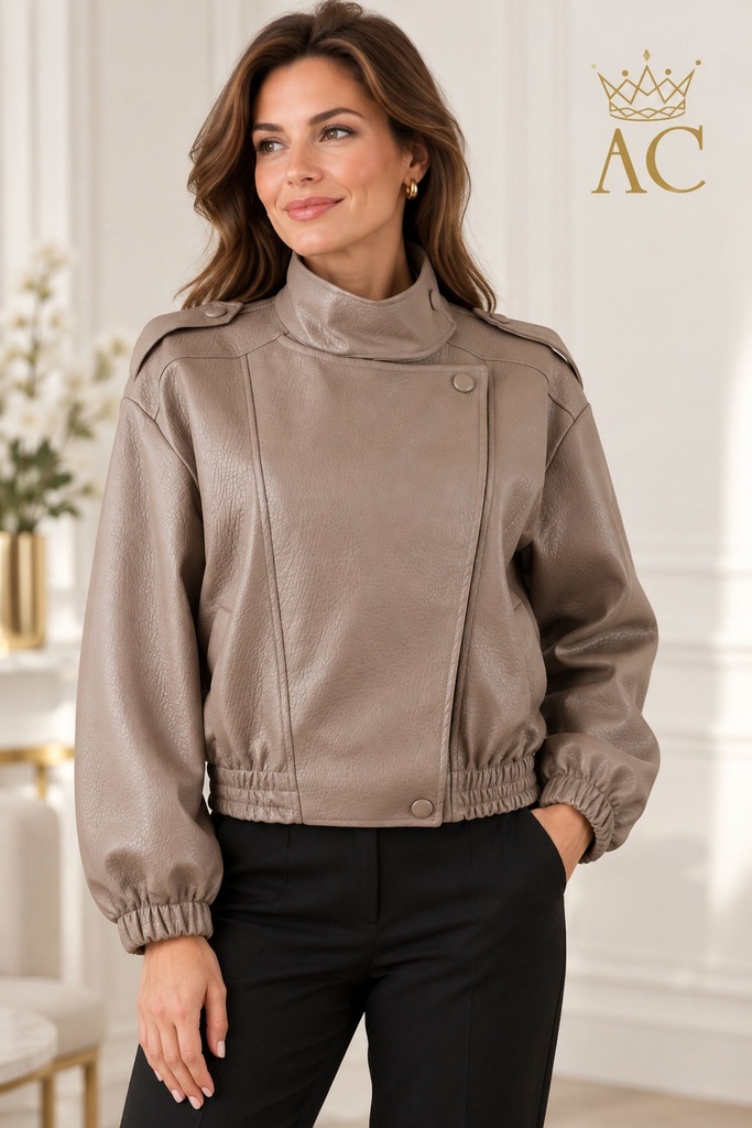 Cardigan Sandy en simili cuir, col montant asymétrique, ourlet et poignets élastiqués, boutons-pression
