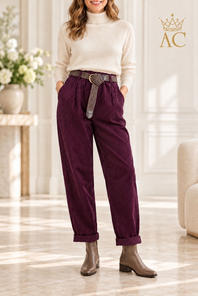 Sonny nm98 Ribbed Cotton Mom-Fit Pants with Woven Eco-Leather Belt