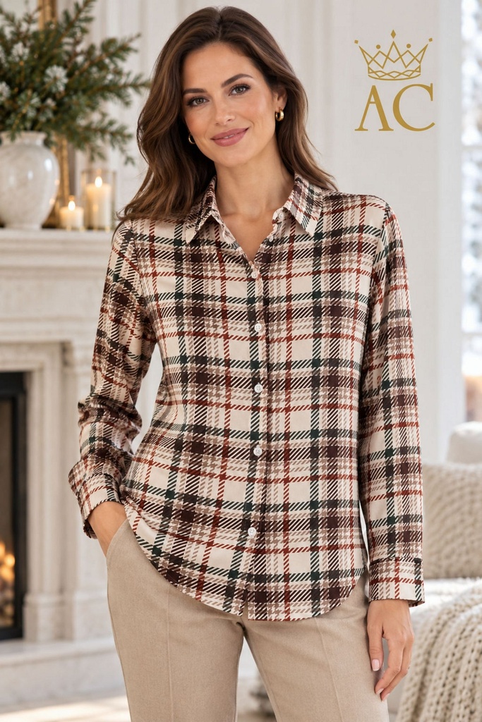 Blouse Syb nm20 zachte elastische stof ruitprint met pied-de-poule-details en diagonale streepjes nacré polokraag