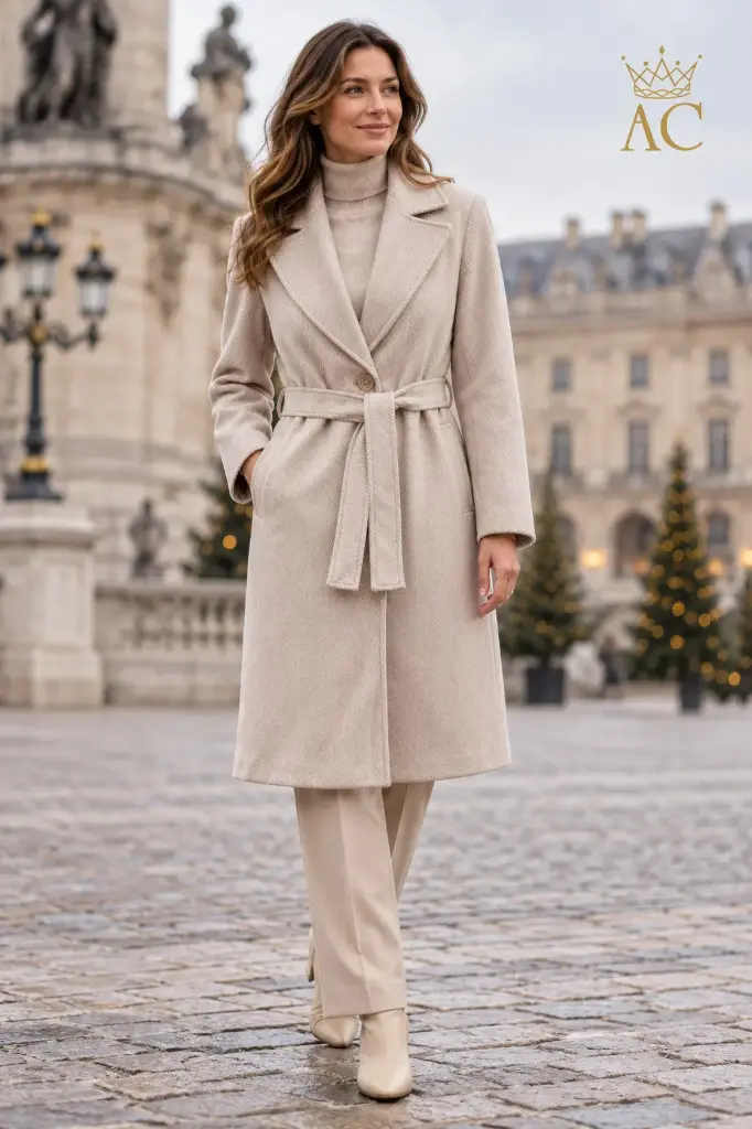 Veste Velia nm10, grand col à revers, jacquard à motif chevrons, ceinture à la taille