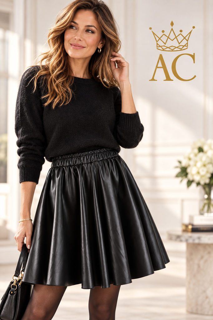Thamara Short A-Line Skirt with Elastic Waistband, Eco-Leather