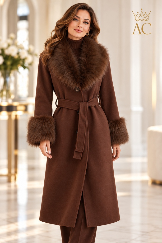 Coat with fur collar, fur cuffs, bow belt, and 3 large buttons