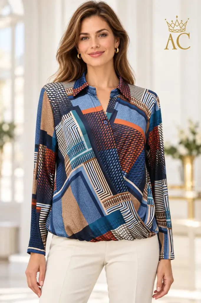 Tico Blouse NM20, Checkered-Striped Patch, Asymmetrical Closure, Puffed Hem
