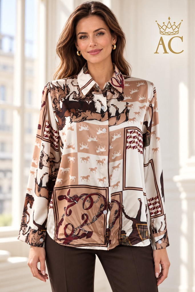 Blouse Thibaut paardijpatch satlijnlook knoopsluiting