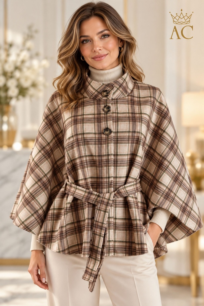 Poncho Patrice nm12 schotse ruit opstaande kraag 3 knopen doorgeregen bindceintuur