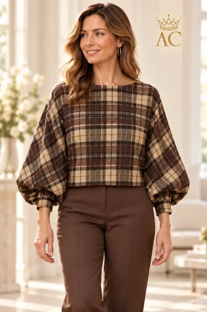 Blouse Tiede nm80 Schotse ruit vleermuismouw kraag knoopsluiting