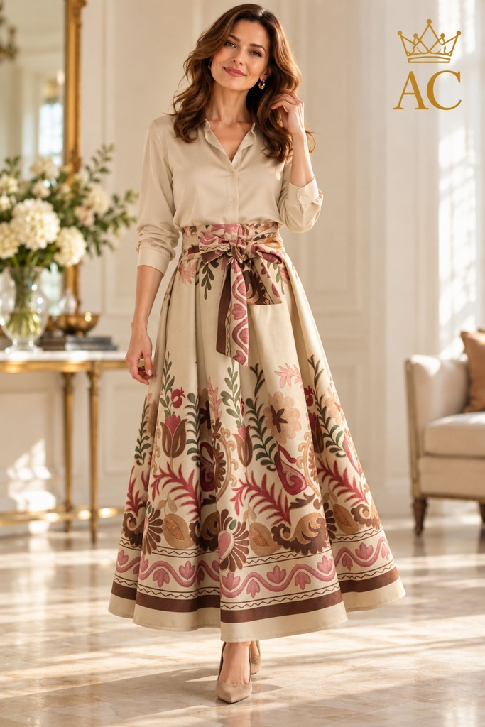 Rok Pitou ecosuède tricot bloemenmotief breed striklint 3 springplooien wijde A-lijn