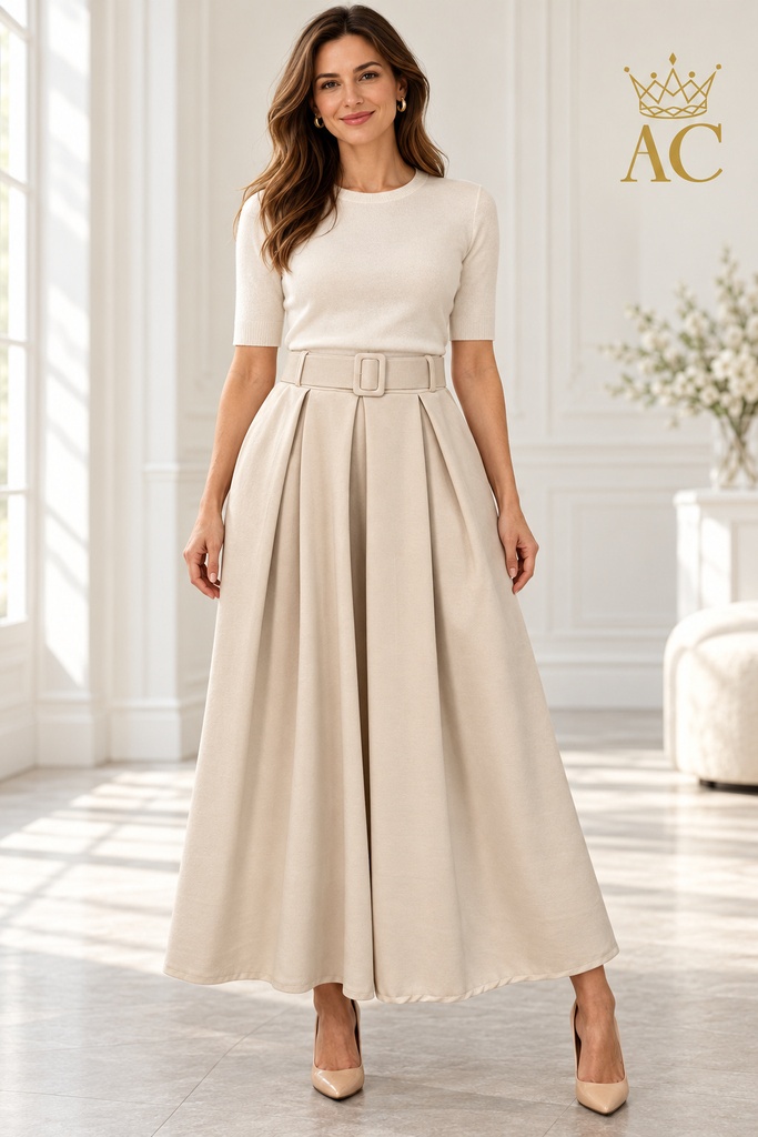 Tavi nm66 A-line skirt with 3 box pleats, wide waistband, and side pockets