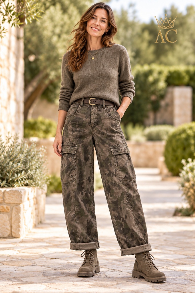 Pantalon Vibeke nm97 camouflage, coupe ballon, poches aux genoux