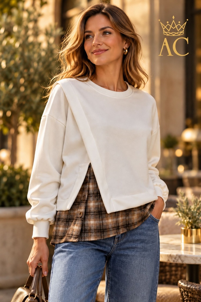 Pemm nm21 asymmetrical sweater with a plaid undershirt