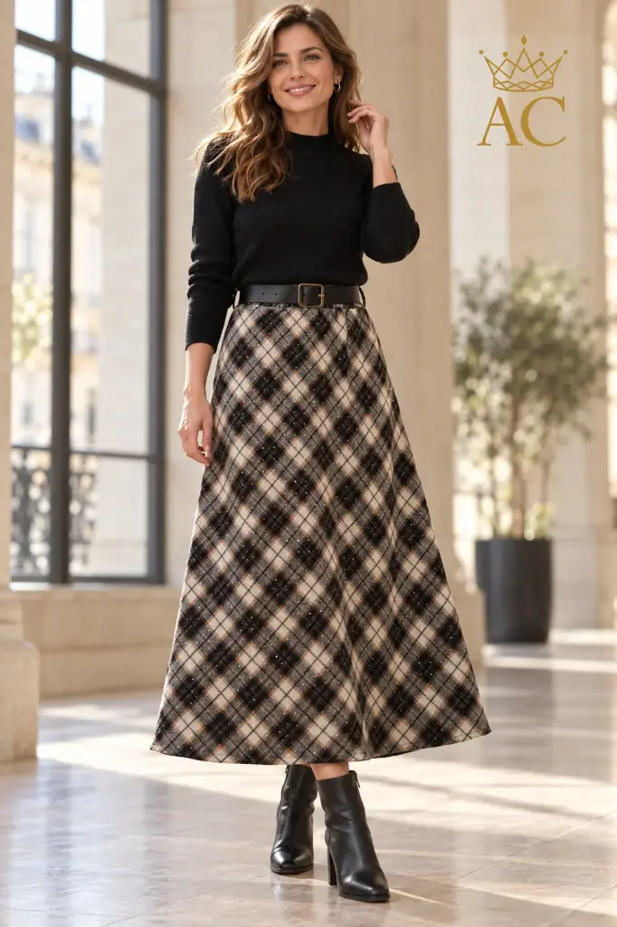 Sarina Mid-Length Skirt, NM30 Madras Diagonal Tartan with Rhinestones and Eco-Leather Belt