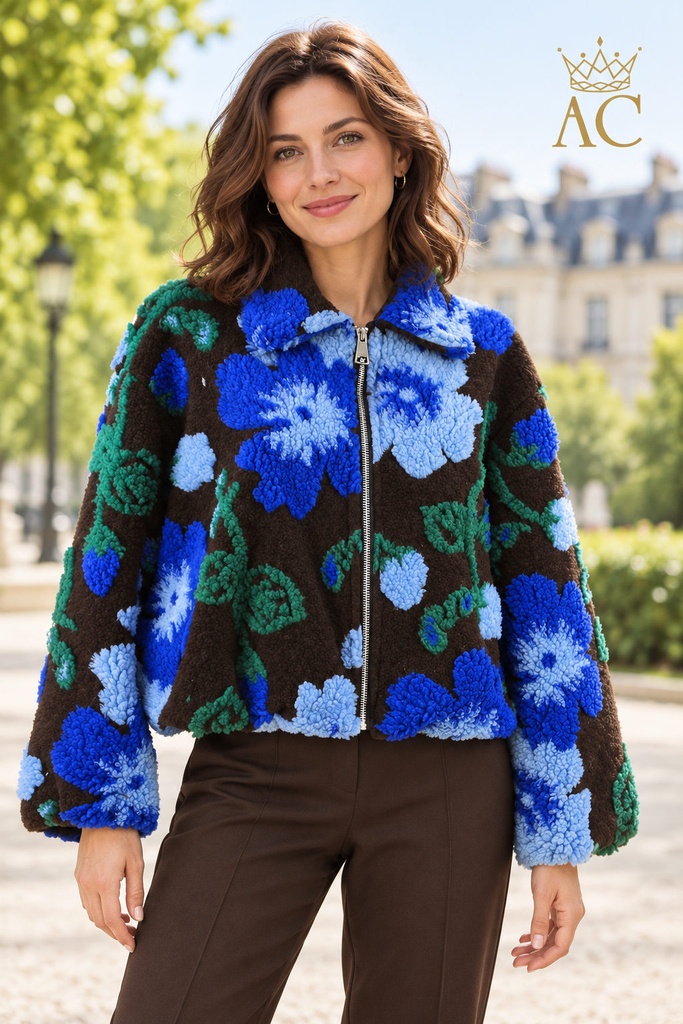 Teddy jacket Vallery oplegbloemen en takken kraag en rits